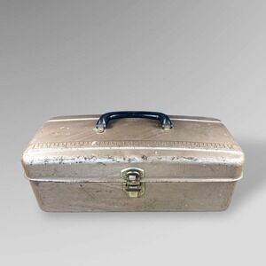 Vintage Plano Metal Tackle Box Ruler Lid Black Handle Fishing Tool Box